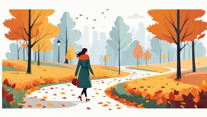 A woman walks through a colorful autumn park with trees and fallen leaves.
