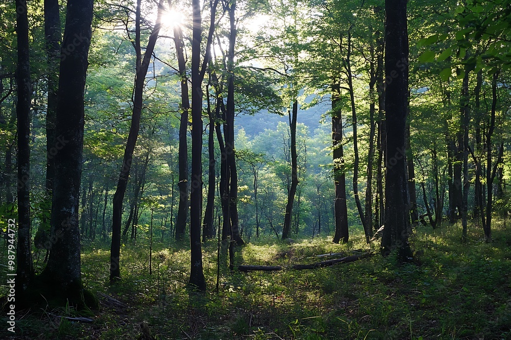 Sticker Sunlight shining through the trees in a dense forest