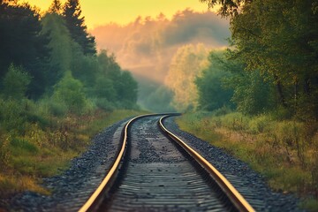 Obraz premium Train Tracks Disappear Into Misty Forest at Sunrise
