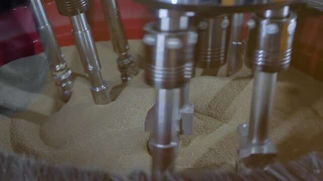 Drag finishing machine uses abrasive particles for polishing and cleaning metal details clamped in rotating holders at factory, plant: close up. Metalworking, industrial and deburring concept