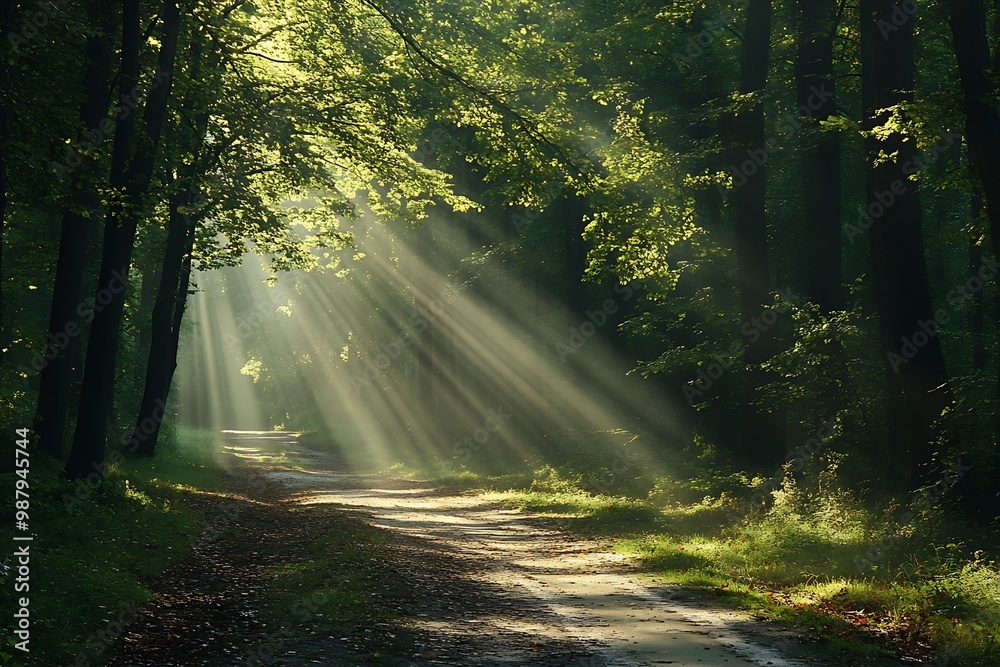 Canvas Prints Sunlight Beams Through Trees on Forest Path