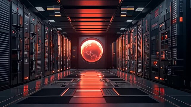 Futuristic Mars data center with glowing red planet interface, Rows of server racks in high-tech network room