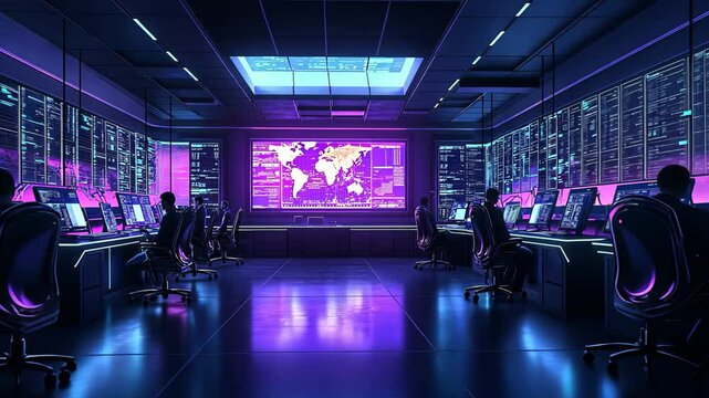 Futuristic cybersecurity operations control room with large global digital screen and security analyst team, Secure intelligence monitoring command center