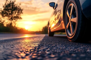 Closeup of car tire on asphalt road during sunset