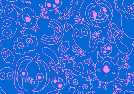 Halloween cute pumpkins seamless monsters pattern for wrapping paper and fabric