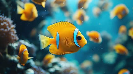 Obraz premium Vibrant underwater scene featuring a colorful orange fish swimming among coral reefs and other marine life.
