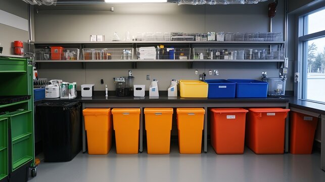 A laboratory waste management station designed to separate and properly dispose of recyclable and hazardous materials.