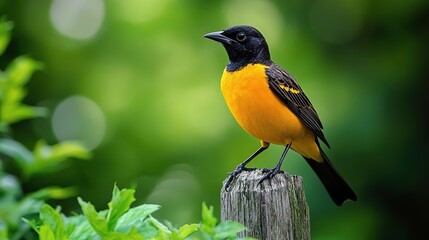 Fototapeta premium A vibrant yellow and black bird perched on a rustic wooden post, surrounded by lush green foliage, showcasing its striking colors.