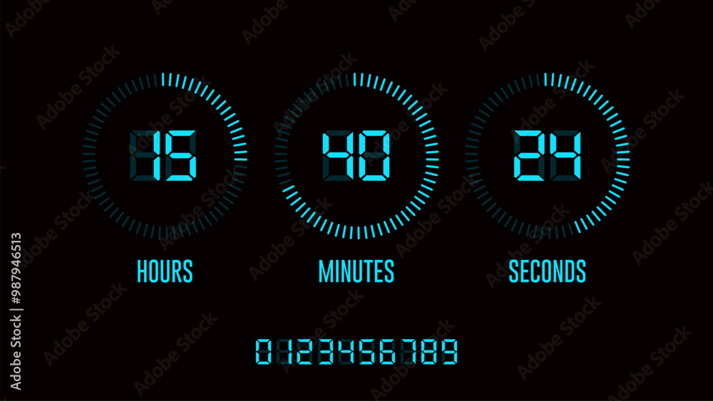 Poster Countdown timer digital clock. Neon clock counter. Hours, minutes and seconds on display. Glowing scoreboard. Time remaining board. Vector EPS 10