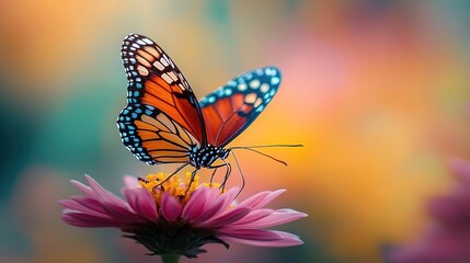 Obraz premium A vibrant butterfly perched on a colorful flower, showcasing nature's beauty and delicate details in a dreamy floral setting.
