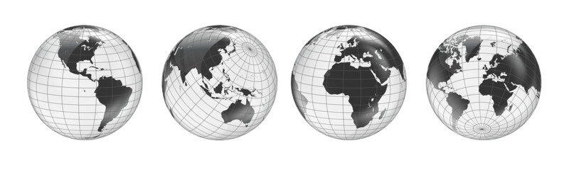 Wireframe globe set. Earth planet globe set from different views with meridians and parallels. 3D vector EPS 10