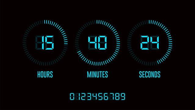 Countdown timer digital clock. Neon clock counter. Hours, minutes and seconds on display. Glowing scoreboard. Time remaining board. Vector EPS 10