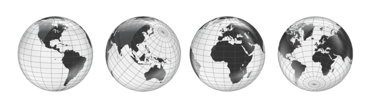 Wireframe globe set. Earth planet globe set from different views with meridians and parallels. 3D vector EPS 10