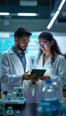 Two Indian researchers in lab coats analyze data on a tablet in a modern laboratory. This image is perfect for educational content, scientific publications, and promoting collaboration in research