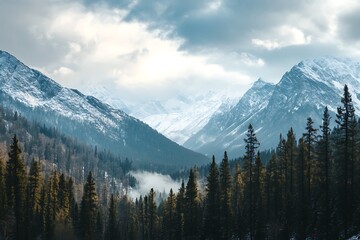 Fototapeta premium Majestic Mountain Landscape with Snow capped Peaks and Evergreen Forest