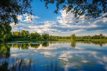 Obraz premium Tranquil summer scene with lake, green trees and blue sky with clouds reflection