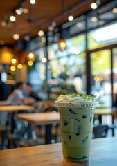 Refreshing iced matcha latte in a cozy café setting