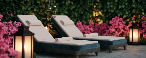 Spa garden with flickering lanterns, velvet loungers, and gentle wind chimes