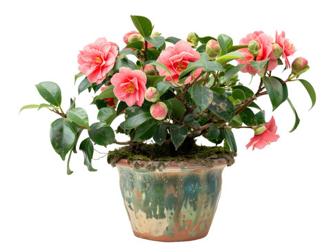 A pink flower plant in a green pot