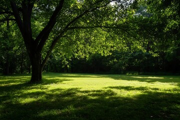 Fototapeta premium Sunlight through leaves on a tree casting shadows on a grassy field