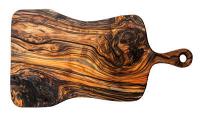 A wooden cutting board with a wooden handle