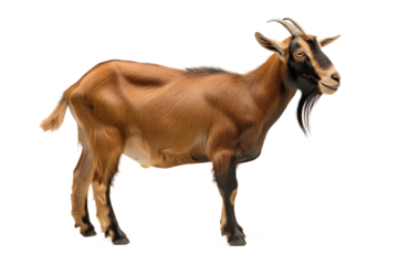 This is a close-up portrait of a majestic brown goat. The goat has dark facial features and curved horns against a transparent background.