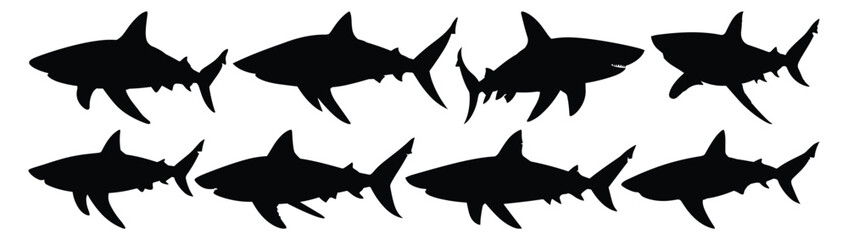 Shark silhouettes set, ocean pack of vector silhouette design, isolated background