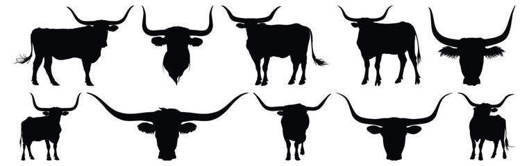 Longhorn cow silhouette set vector design big pack of cow illustration and icon