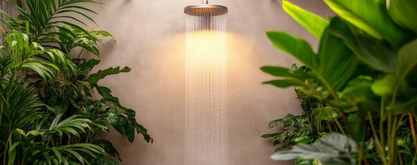 Obraz premium Tropical spa garden with a bamboo rain shower, gentle lighting, and lush plants