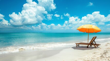 A yellow and orange beach umbrella shades a lounge chair on a white sand beach.