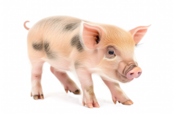 A small pig with black spots and white fur is walking on a transparent background.