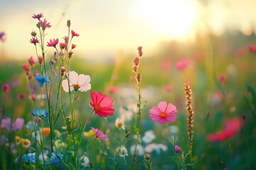 Obraz premium Beautiful colorful wildflowers blooming in a meadow at sunset