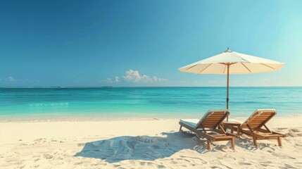 Obraz premium Two lounge chairs sit under an umbrella on a pristine beach. The perfect spot for relaxation.