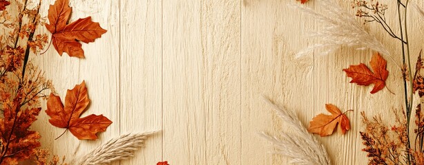 Fototapeta premium autumn leaves on wooden background, centred beige textured copy space, harvest and thanksgiving season concept