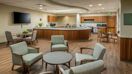 A hospital break room designed for nurse relaxation, equipped with comfortable seating and calming decor to promote mental health