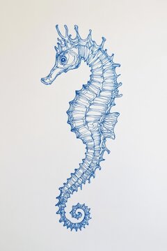 recommend clip art: A drawing of an outline seahorse in blue ink on white paper with a simple background 