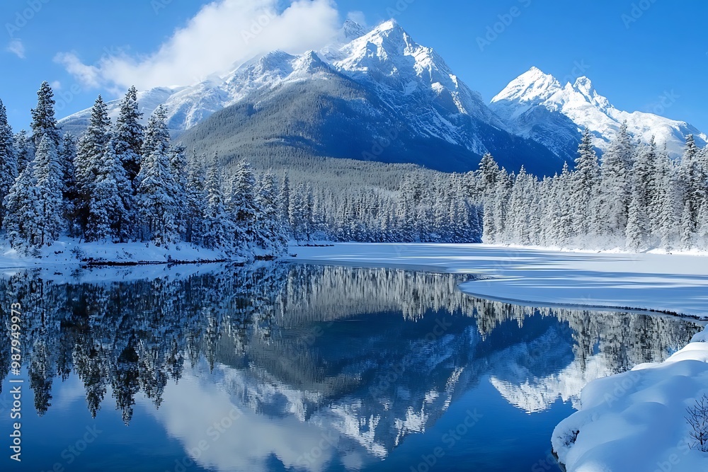 Canvas Prints Snowy Mountains Reflected in a Frozen Lake, Winter Wonderland Landscape