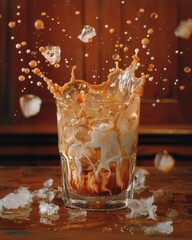 Cream and coffee blend while ice splashes in the glass