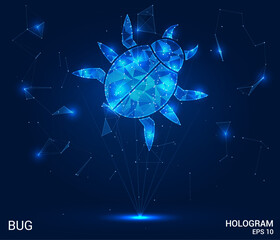 A hologram of a beetle. The bug consists of polygons, triangles of points and lines. Bugs are low-polygonal connection structure. Technology concept vector.