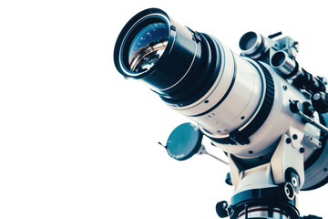 A telescope with a large lens is pointed at the sky