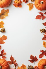 a photo of an autumn-themed frame with pumpkins and leaves on a white background presented in a flat lay style. 