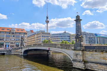 Berlin (Germany) - August: panorama of the Alexanderplatz in Berlin against blue sky.