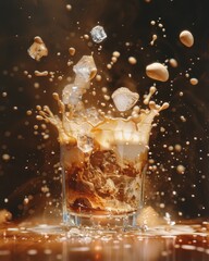 Coffee drink splashing in a glass with ice on a wooden table