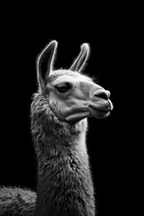 Obraz premium a realistic photo of a lama, black and white, black background, high contrast