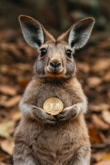 Fototapeta premium Kangaroo holding a coin, humorous depiction of finance, inflation, budgeting, savings, money concept