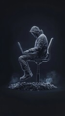 Fototapeta premium Mystery figure in a hoodie working on a laptop, seated on a futuristic chair surrounded by smoke. Dark, enigmatic atmosphere.