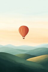 Fototapeta premium A single hot air balloon floating above rolling hills where the balloon and hills are created using large smooth shapes 