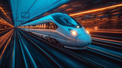 Fototapeta premium A stylish white highspeed train with streamlined curves and reflective surfaces travels at high speed through the urban industrial landscape symbolizing modern transportation technology 