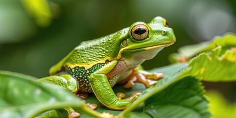 Naklejka premium Close-up of a tree frog resting on vibrant green foliage.