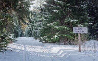 A snowy path leads into a forest, with a sign that reads "Welcome to Snow Forest."
